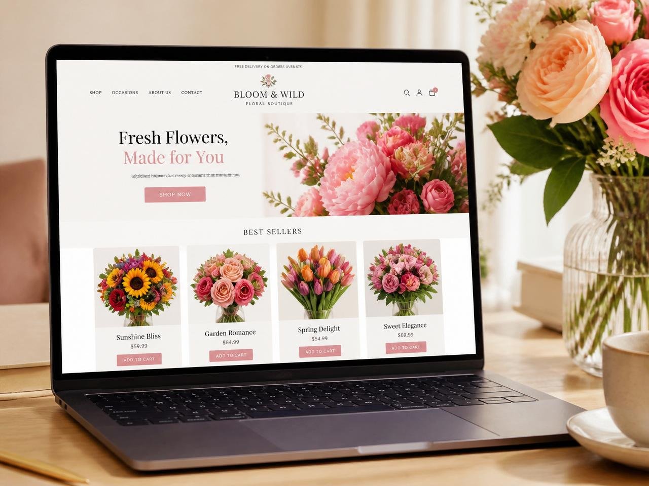 Tienda en línea de flores en laptop